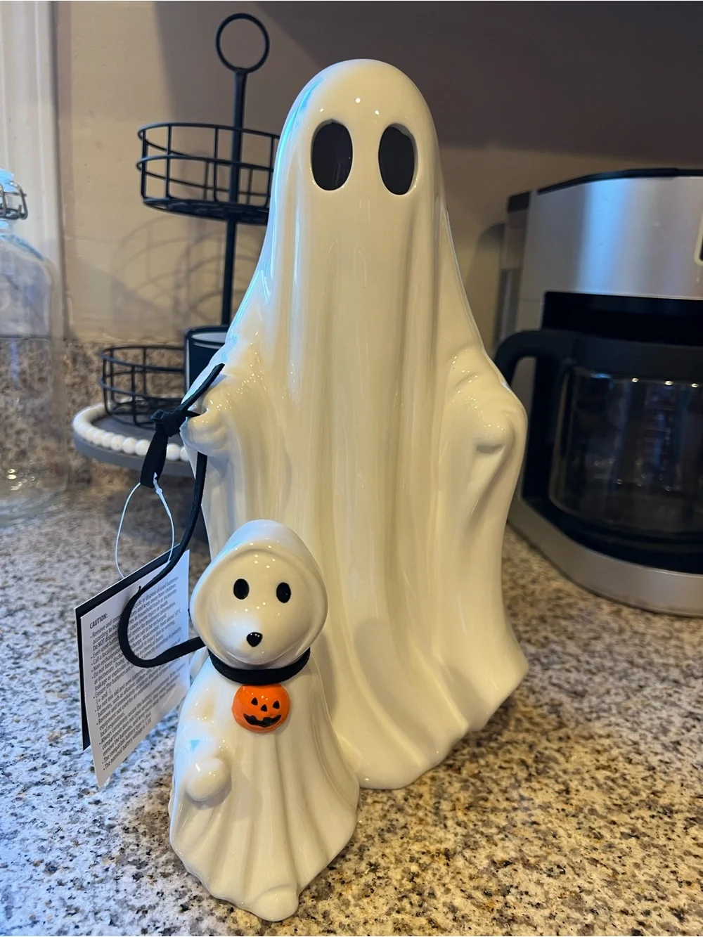 White Ceramic LED Ghost Duo with Pumpkin Charm